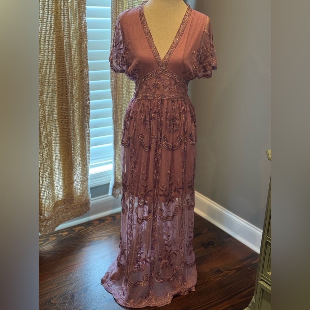 Altar'd State Dusty Rose Embroidered Lace Maxi Dress
